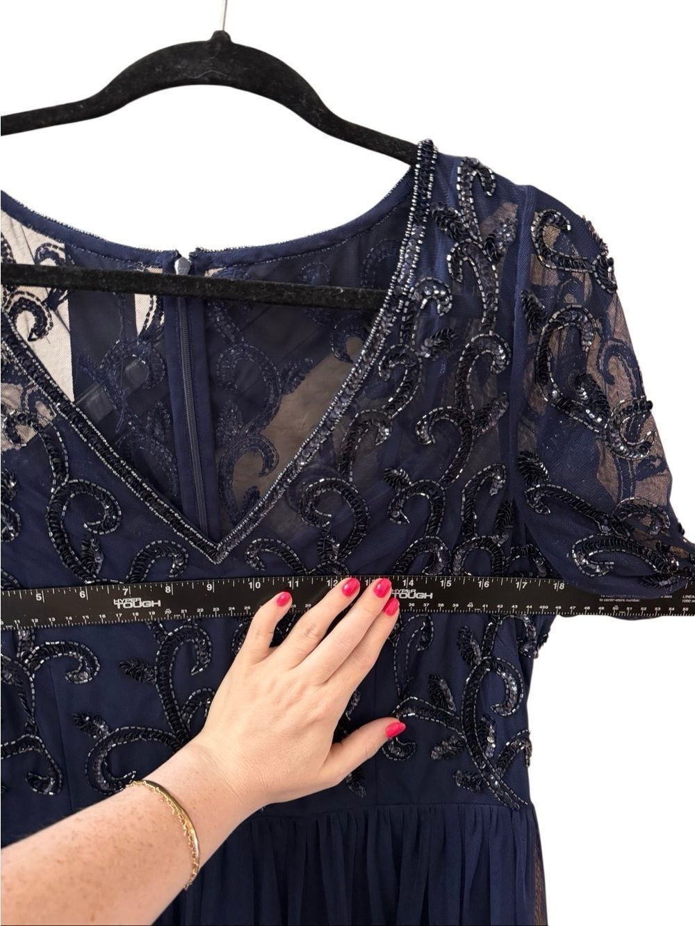 Papell Studio Navy Blue Beaded Mesh Formal Gown Dress Plus Size 16 - Picture 9 of 16